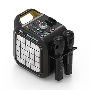 Zwarte karaoke-box waar twee microfoons bij zitten inbegrepen Zwarte karaoke-box waar twee microfoons bij zitten inbegrepen